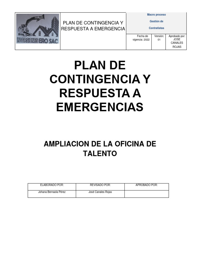 PLAN DE CONTINGENCIA Y RESPUESTA A EMERGENCIAS | PDF | Primeros ...