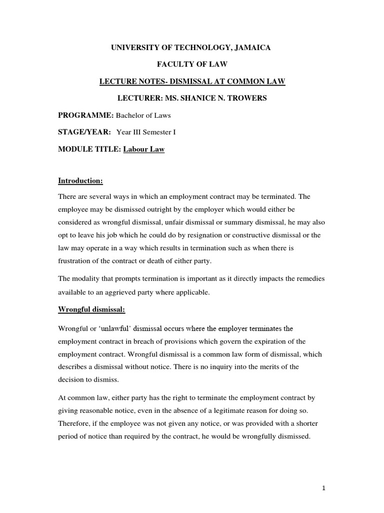 Labour Law Unit 3 Part 2 Dismissal At Commonlaw Pdf Damages