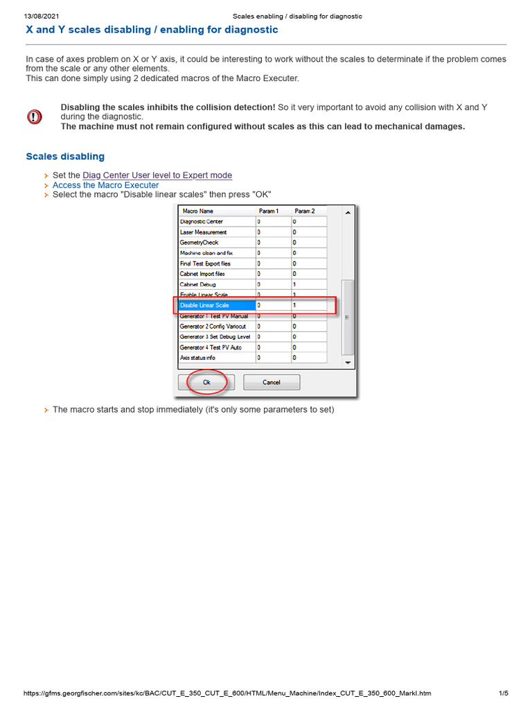 CUT E 350-600 Mark I X and Y Scales Disabling Enabling For Diagnostic ...