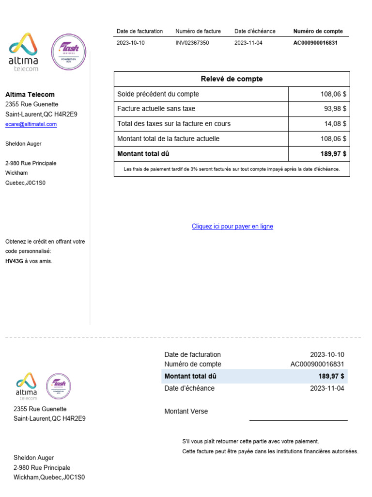 Facture Altima Telecom - Octobre 2023 | PDF