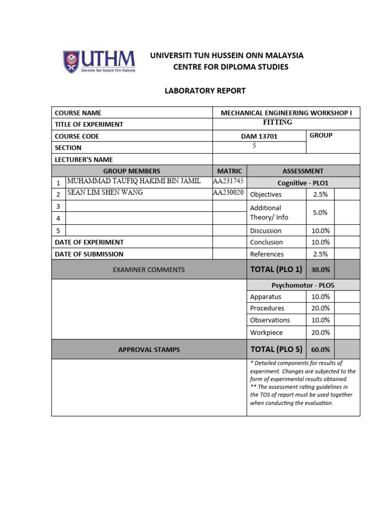 Fitting Workshop Report at UTHM | PDF | Drill | Screw