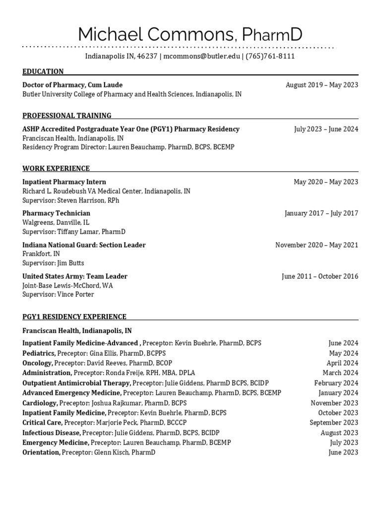 Butler University PharmD Resume | PDF | Pharmacy | Pharmacist