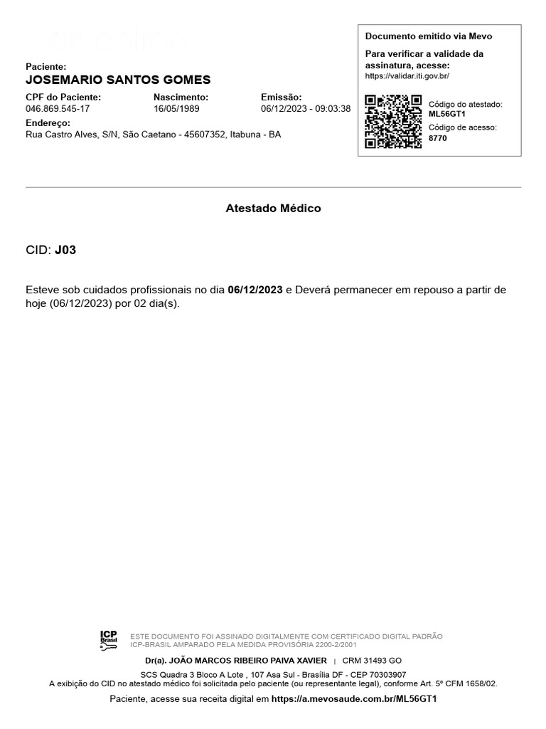 Atestado Médico CID J03 - 2 Dias de Repouso | PDF
