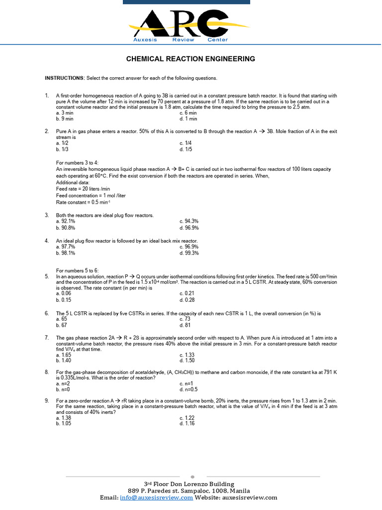 Exercise Chemical Reaction Engineering Pdf Chemical Reactor