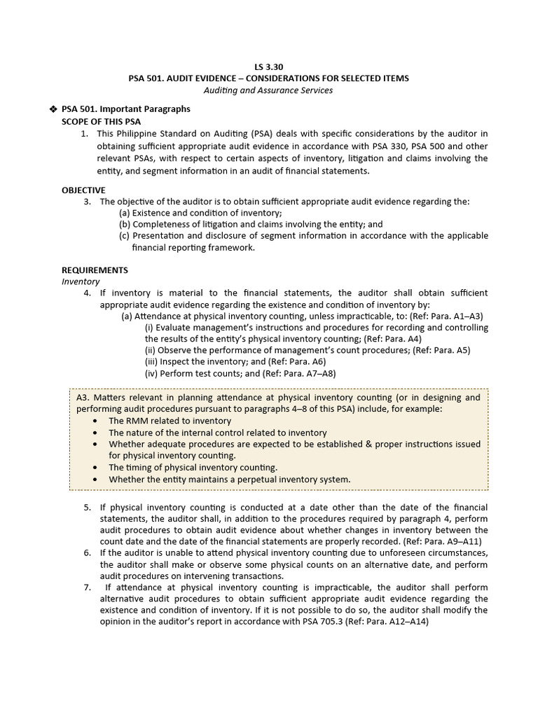 ls-3-30-psa-501-audit-evidence-considerations-for-selected-items