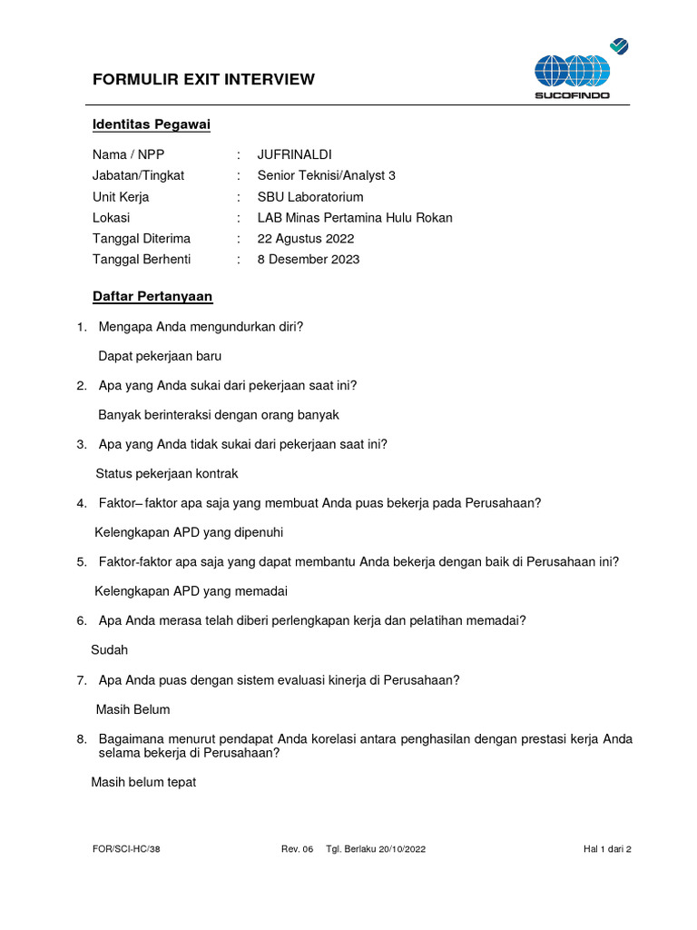 Formulir Exit Interview Rev. 06 (New) | PDF