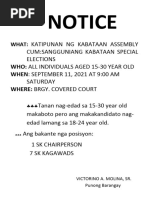 Notice: Katipunan NG Kabataan Assembly Cum:Sangguniang Kabataan Special Elections Saturday