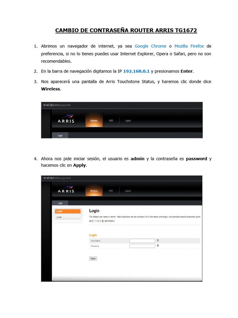 Cambiar Contraseña Router Arris TG1672 | PDF