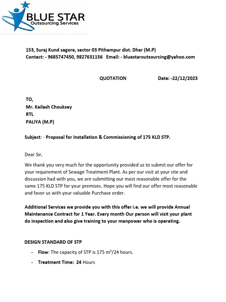 STP Installation Quotation for RTL Paliya | PDF | Waste Treatment ...