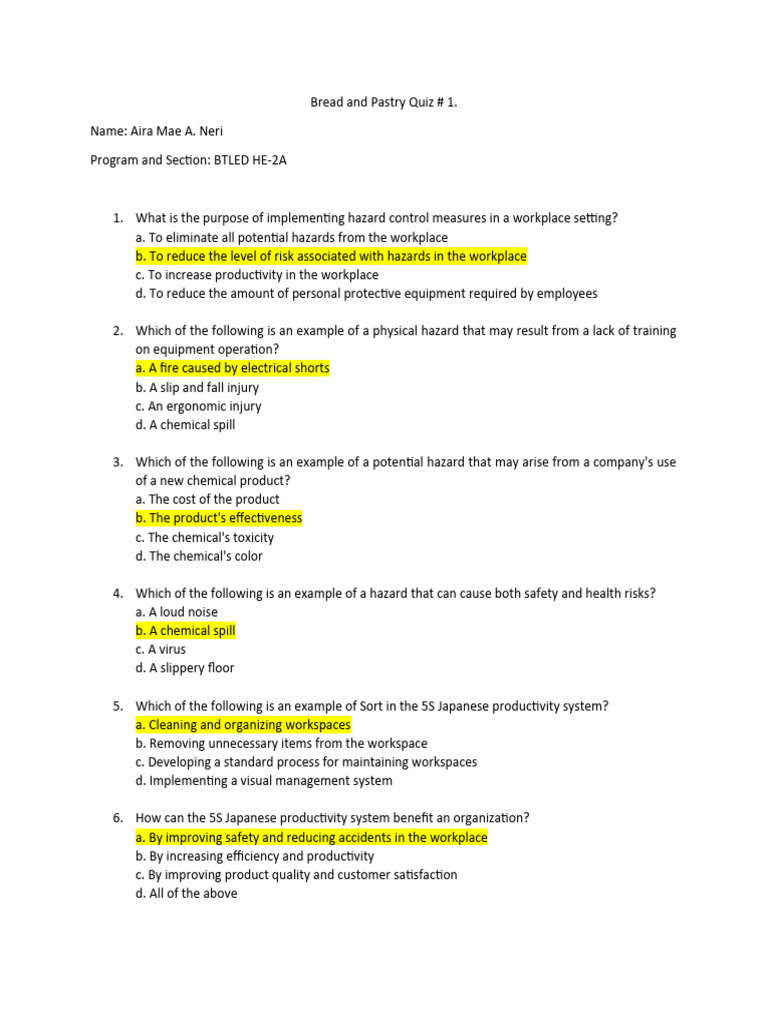 Bread and Pastry Quiz 1 PDF Hazards Personal Protective Equipment