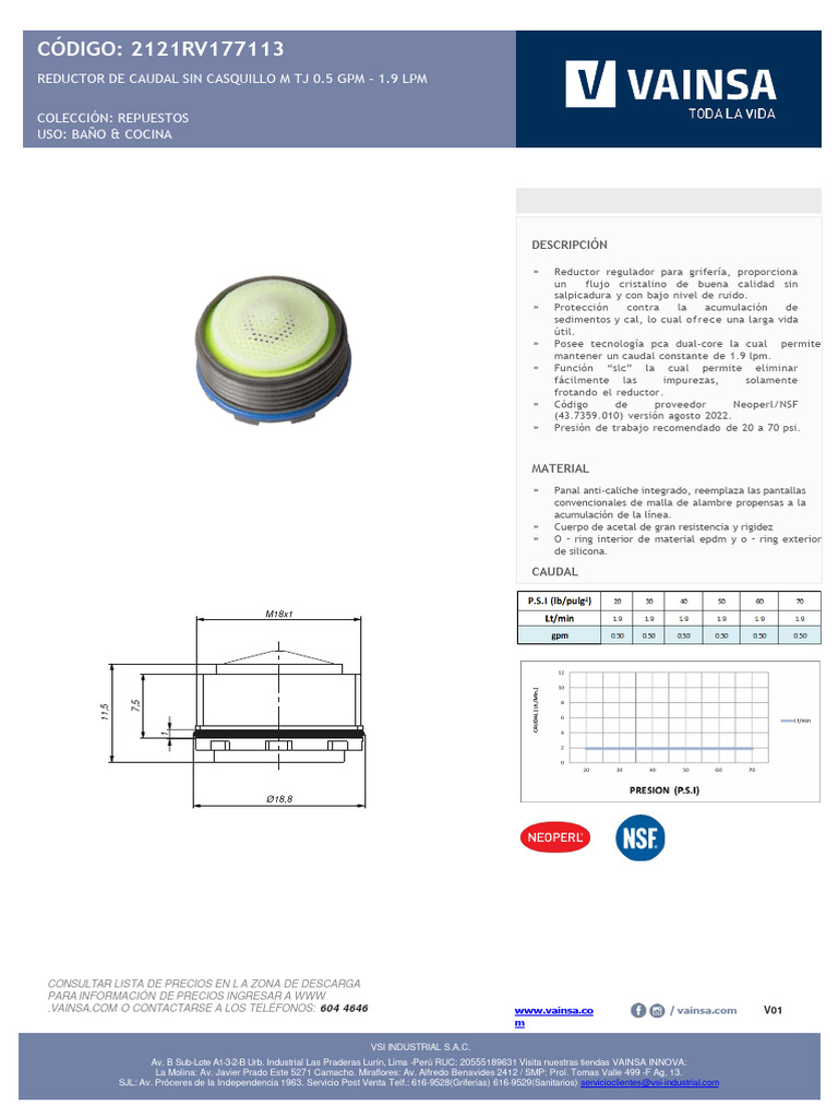 Data Sheet - Reductor de Lavado Caudal 0.50 GPM - 1.9 LPM Vainsa ...