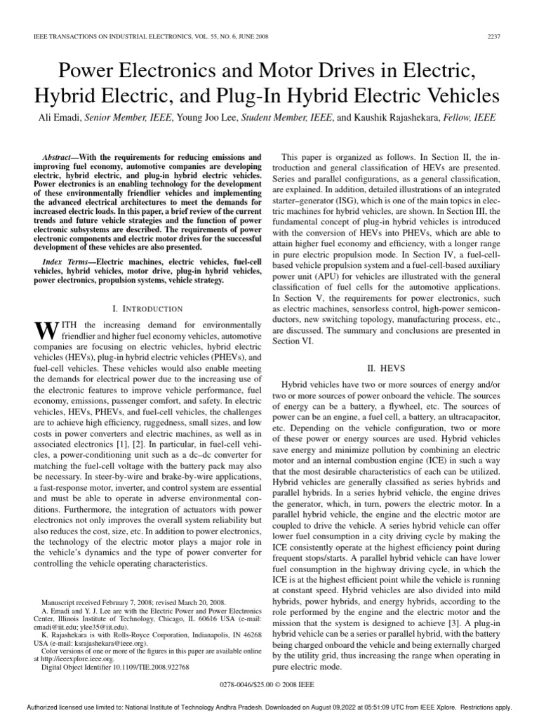 Power Electronics and Motor Drives in Electric Hybrid Electric and Plug