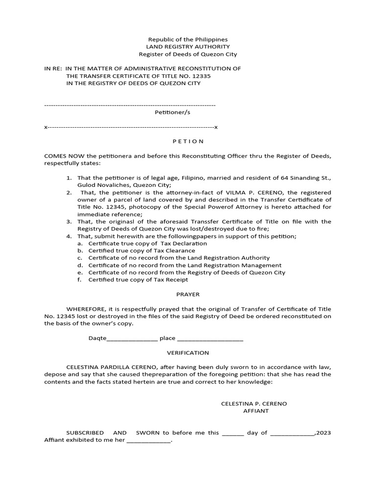 Petition for Title Reconstitution in QC | PDF