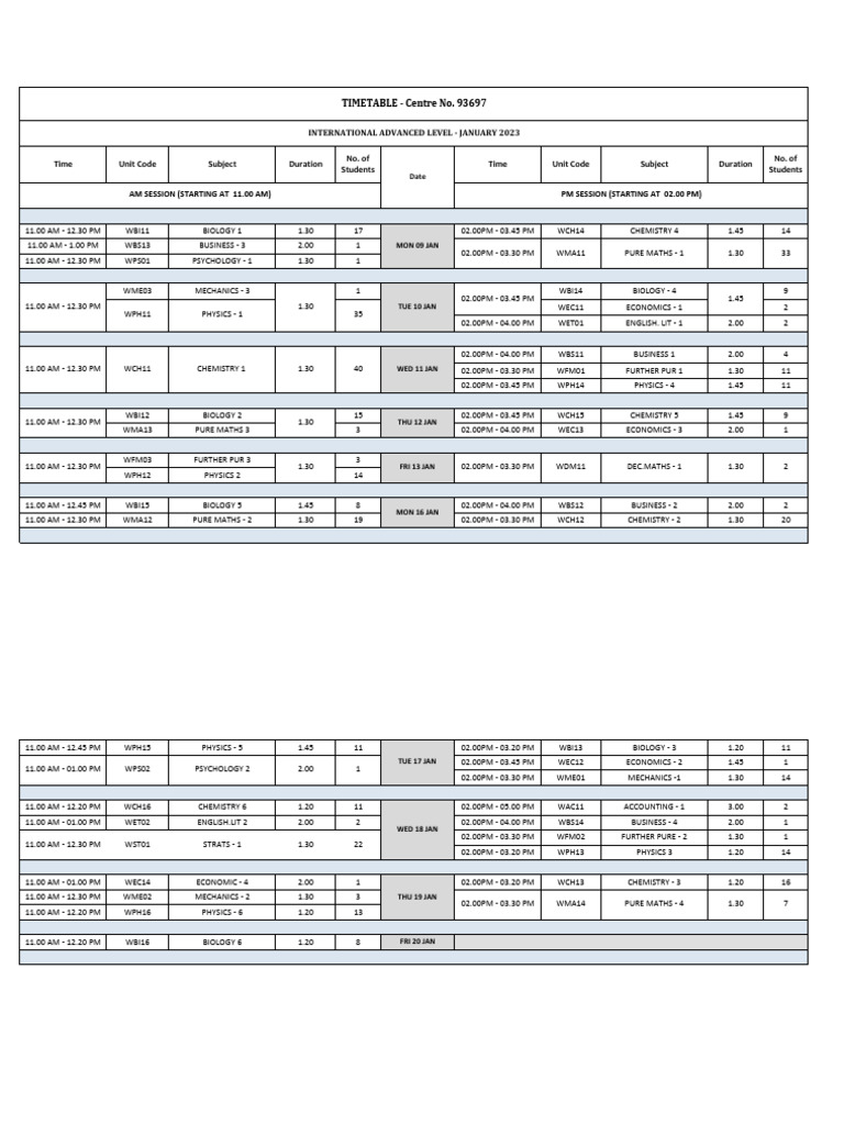 IAL Timetable Jan 2023 PDF Science Nature