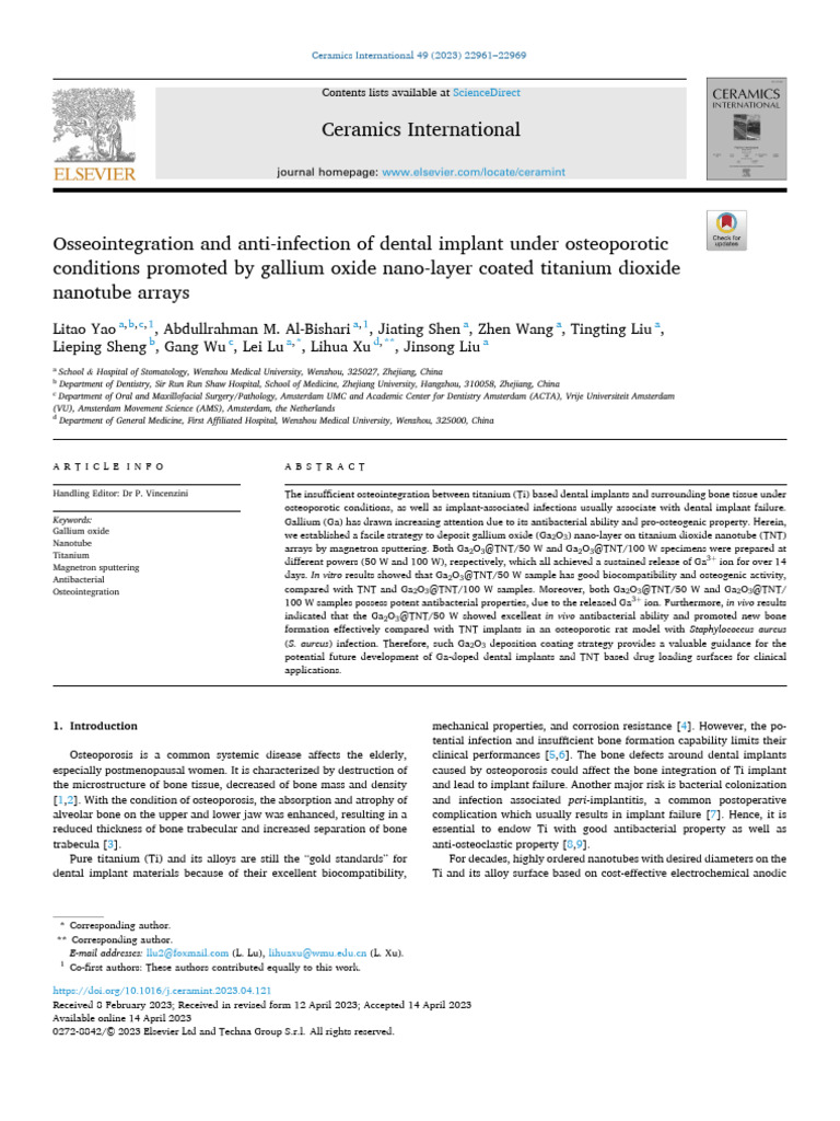 Osseointegration and Anti-Infection of Dental Implant Under ...