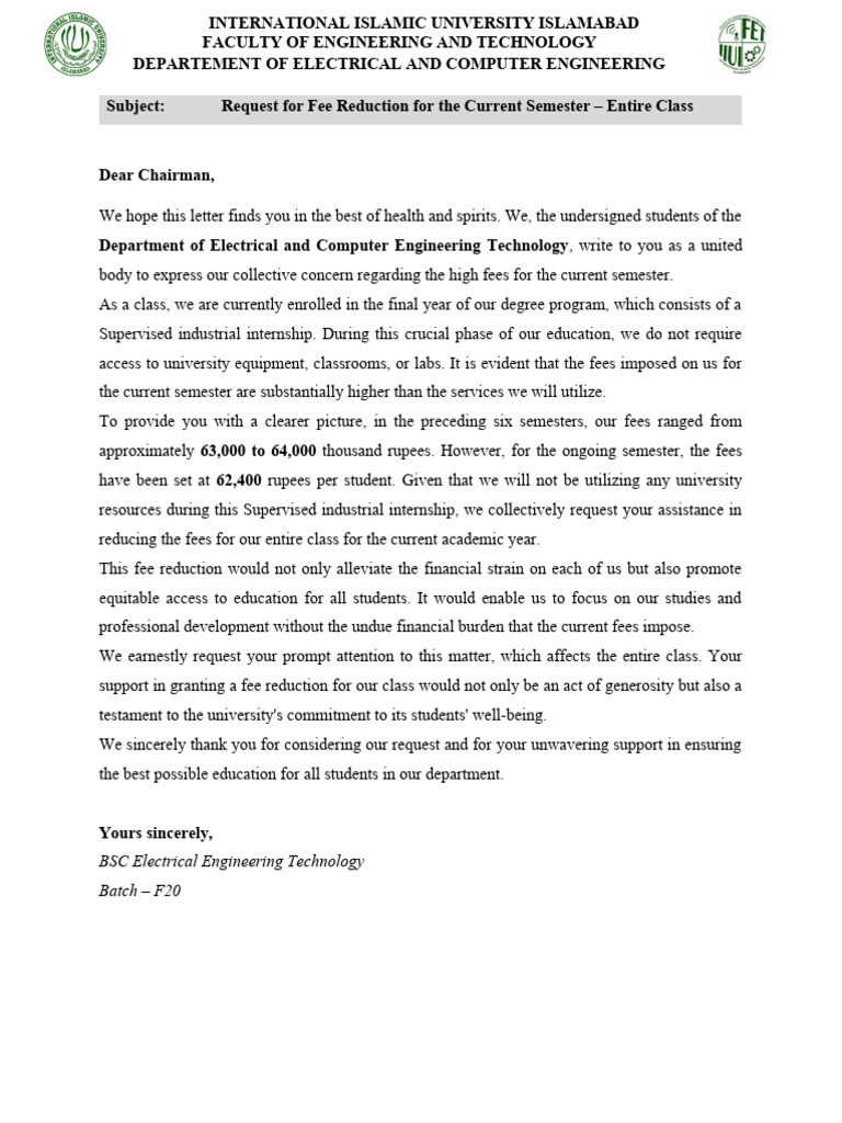 Fee Reduction Request for Entire Class | PDF