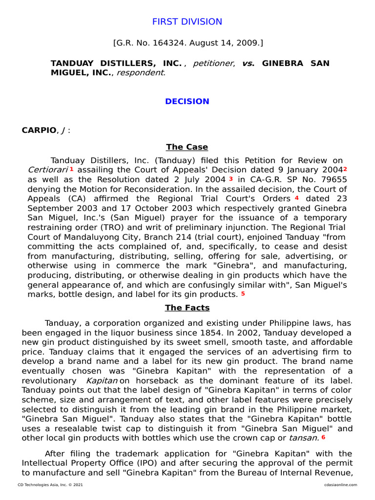 Image showcasing Tanduay vs. Ginebra Trademark Dispute | PDF | Law