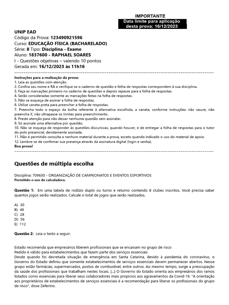 Quest es de m ltipla escolha data limite para aplica o desta prova