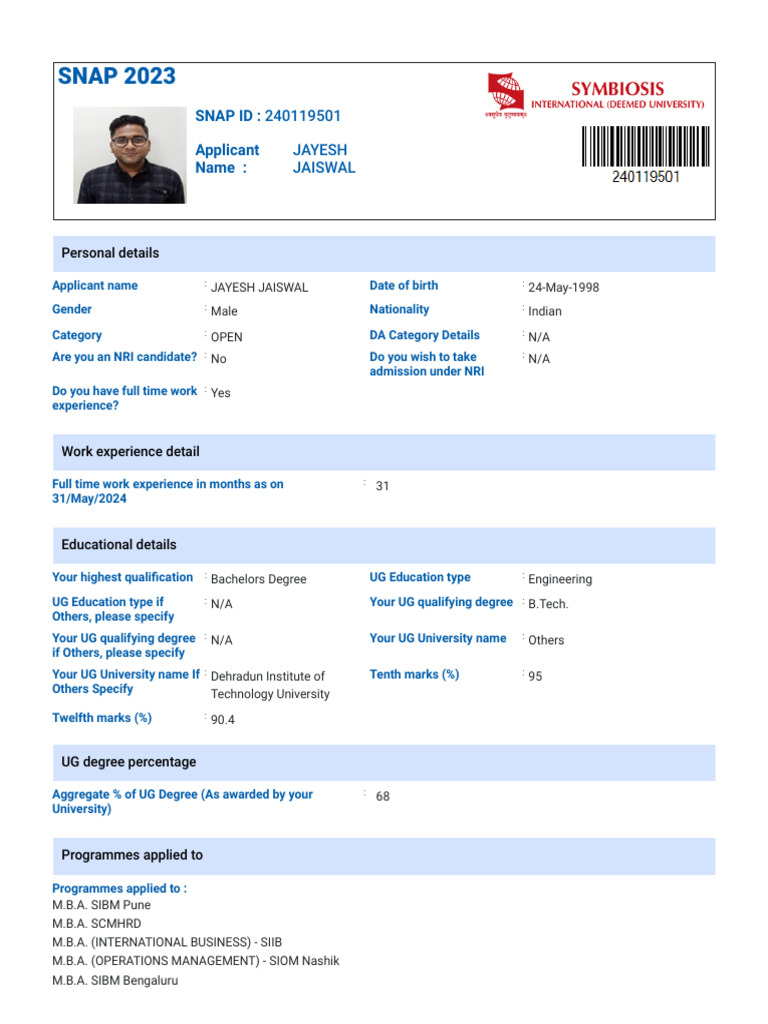 SNAP 2023 Application Form | PDF