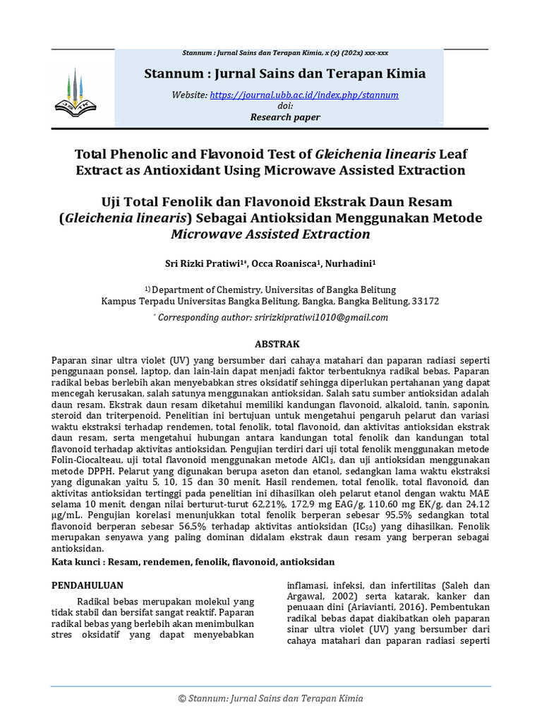 Uji Total Fenolik Dan Flavonoid Ekstrak Daun Resam PDF