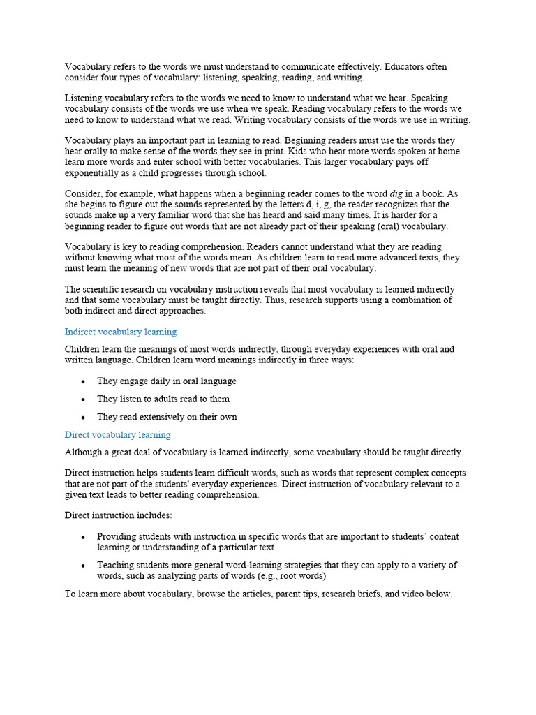 Understanding Vocabulary Types and Instruction | PDF