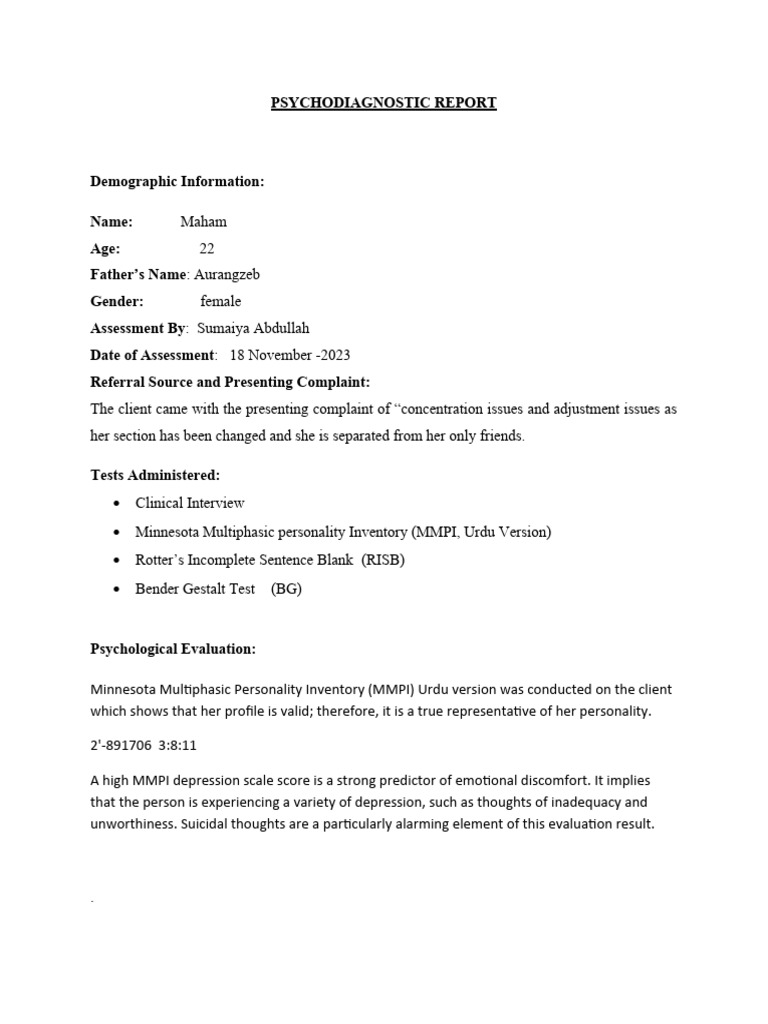 Psychodiagnostic Report on Depression | PDF | Self-Improvement