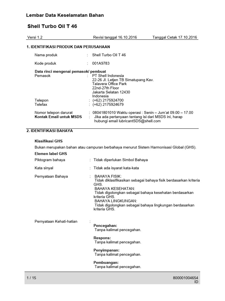 MSDS Shell Turbo Oil T 46 | PDF