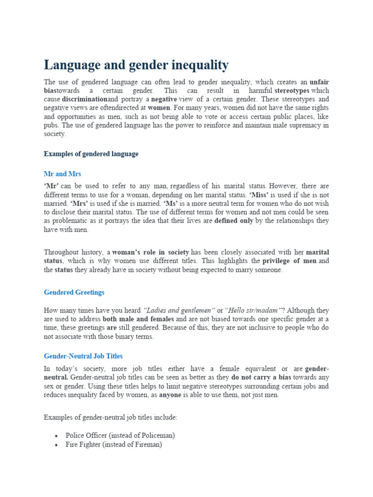 Language and Gender Inequality Examples of Gendered Language PDF