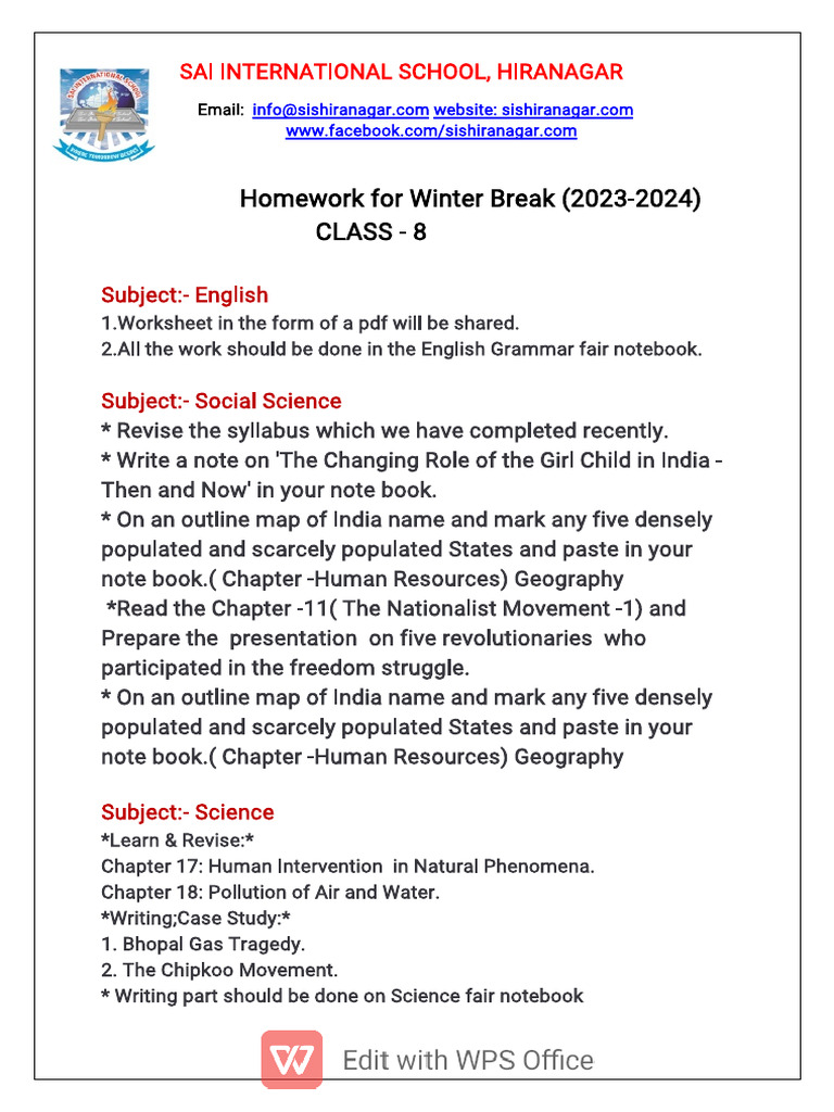 Class 8, Homework For Winter Break (2023-24) | PDF
