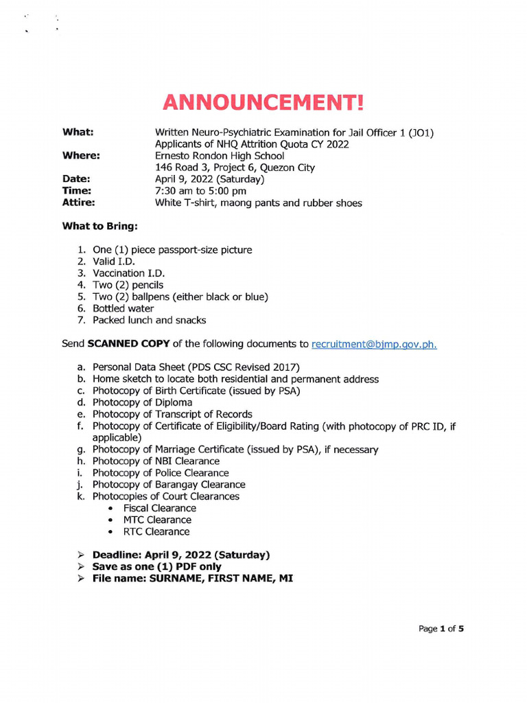Written Neuro Psychiatric Examination for JO1 Applicants CY 2022 PDF