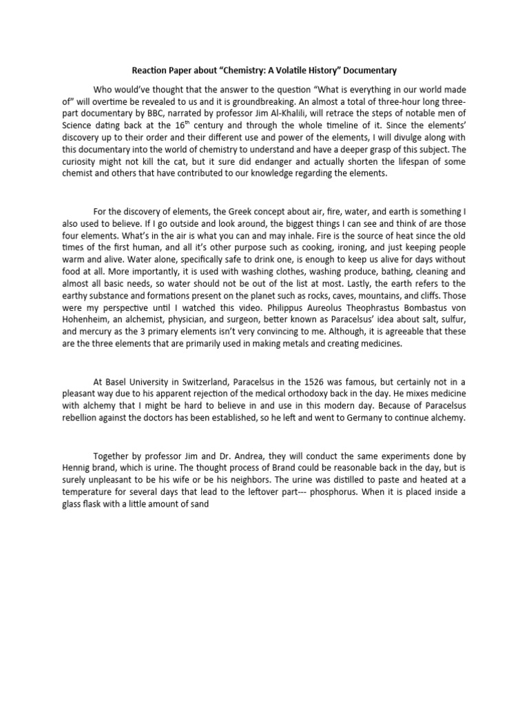 A Volatile History Reaction Paper PDF Chemistry Physical Sciences