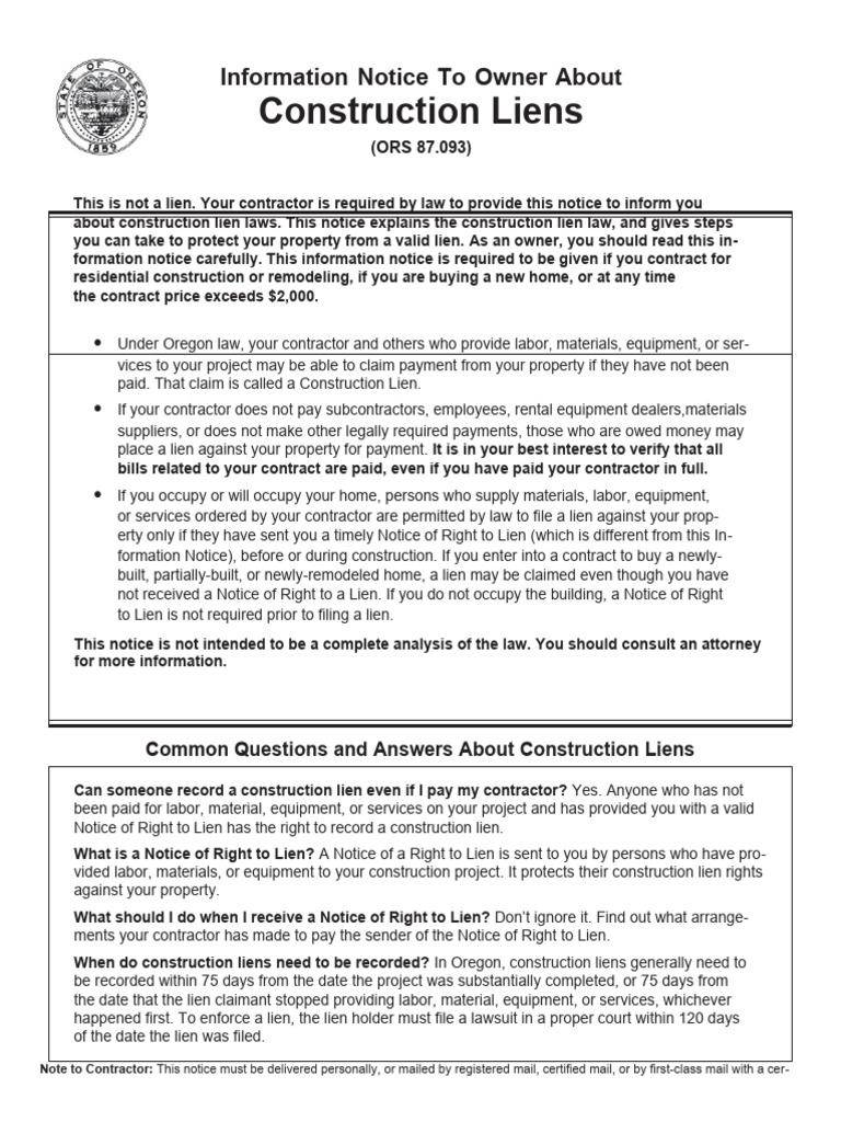 Construction Lien Notice & Notice of Procedure | PDF