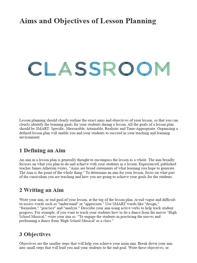 Aims and Objectives of Lesson Planning | PDF | Lesson Plan | Goal