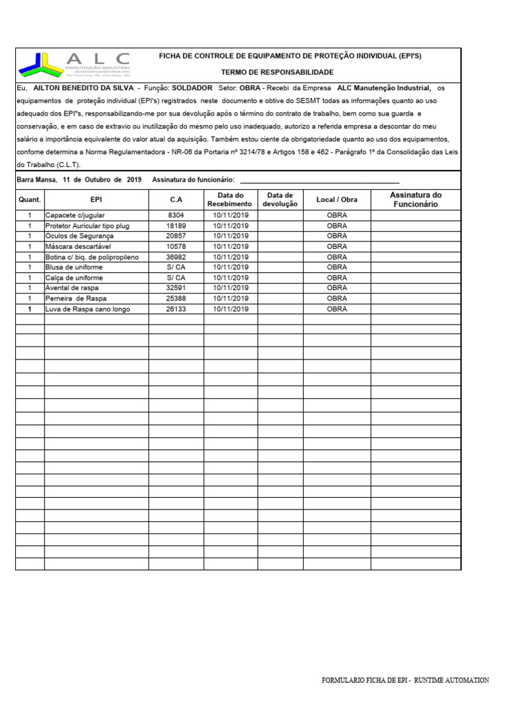 Ficha de Epi | Download grátis PDF | Eletricista | Capacete