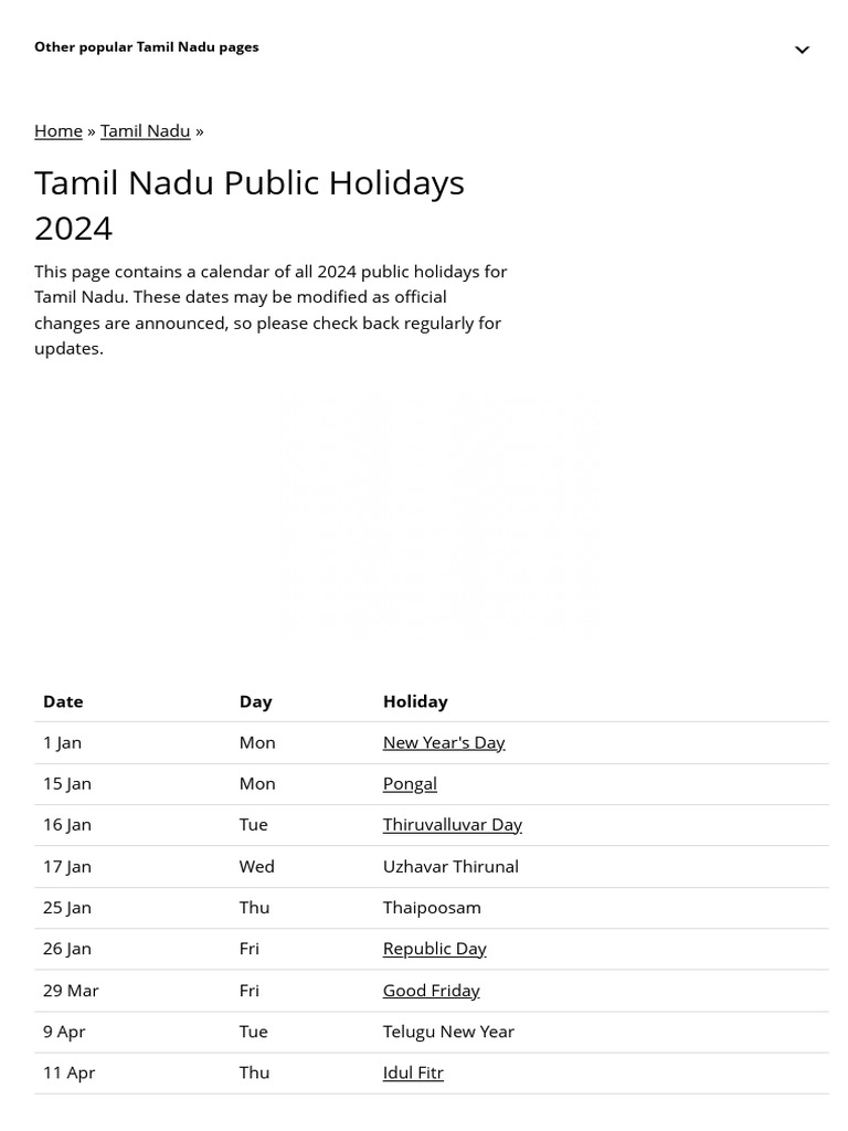 Tamil Nadu Public Holidays 2024 PublicHolidays.i PDF