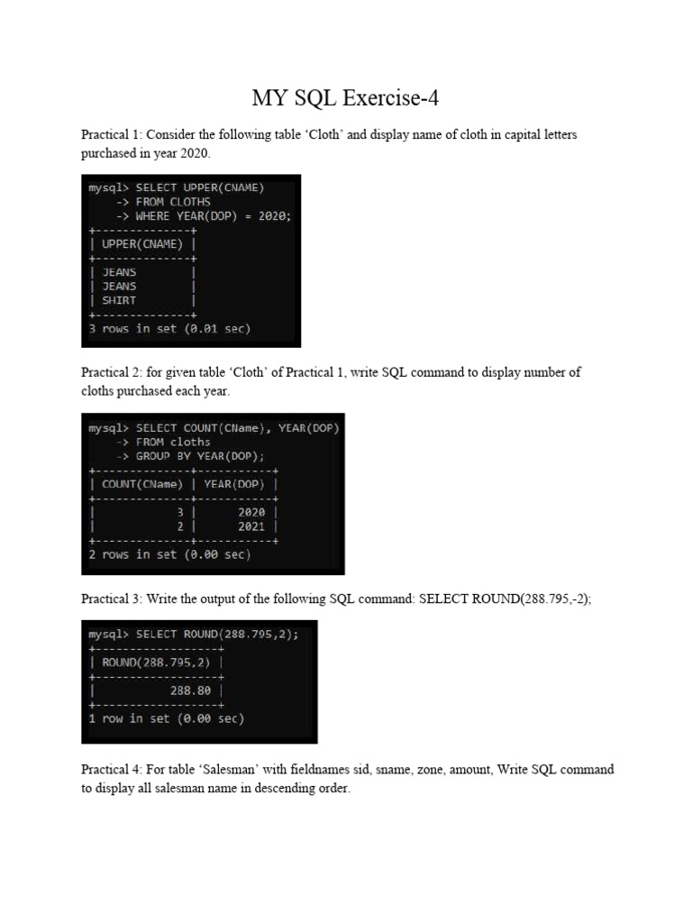 MY SQL SET 3 PRACTICAL - VKB 12th Sci | PDF