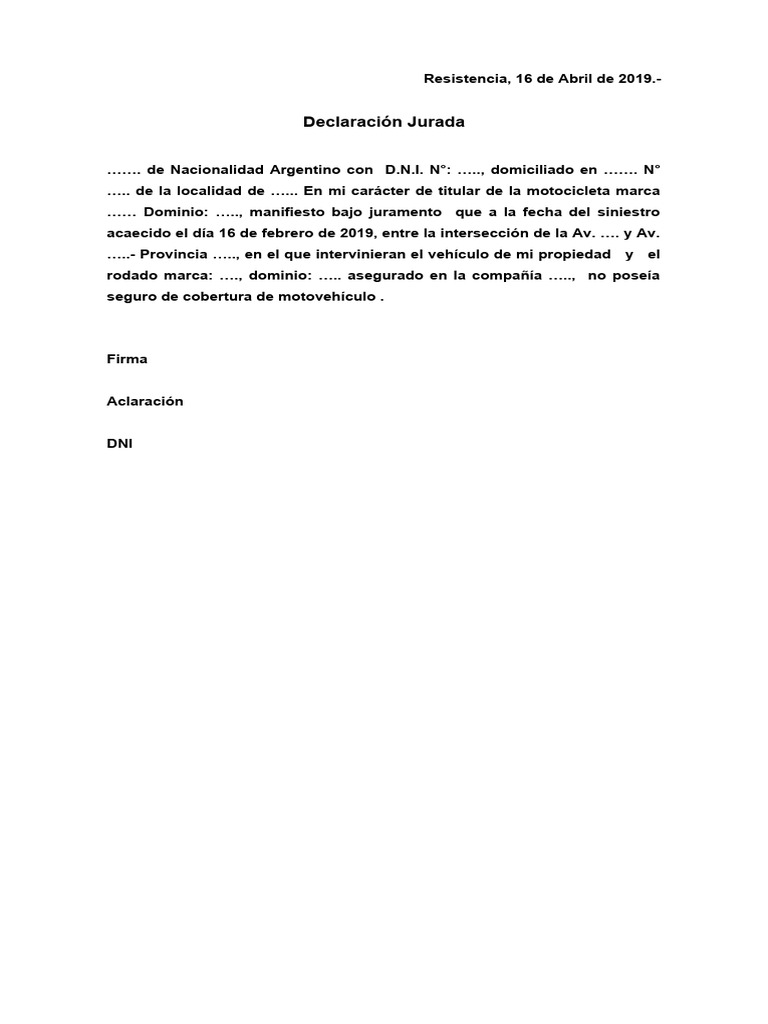 Declaracion Jurada en Caso de No Tener Seguro | PDF