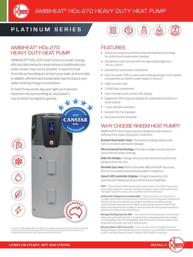 Rheem Ambiheat HDc270 Heat Pump Datasheet July 2023 PDF Heat Pump Water Heating