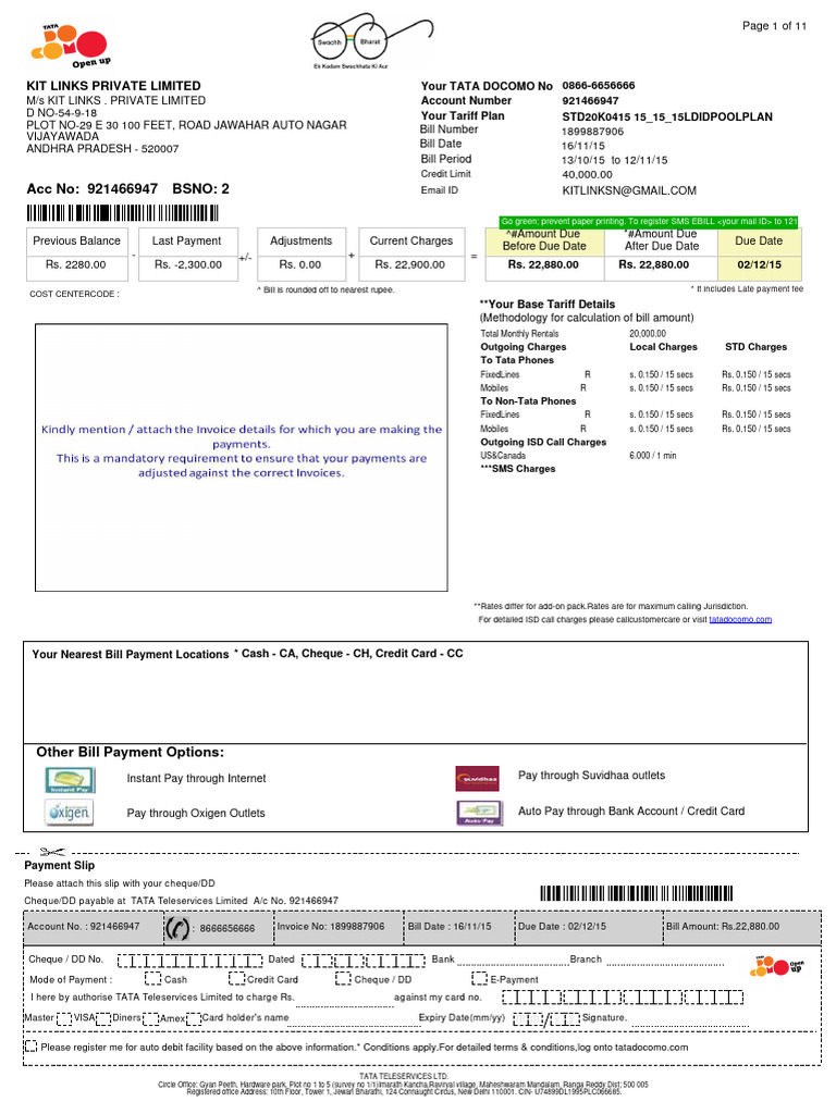 TATA DOCOMO Bill Summary for KIT LINKS | PDF | Payments | Money