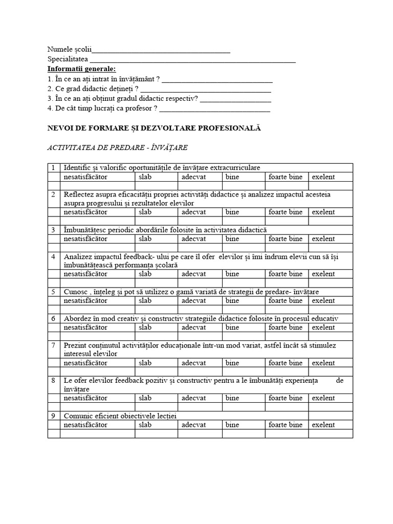 Chestionar Pentru Identificarea Nevoilor de Formare | PDF