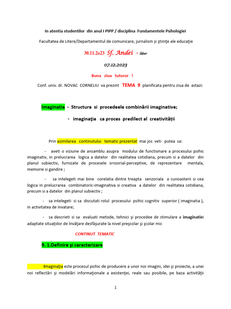 Imaginația - Structura Si Procedeele Combinării Imaginative | PDF