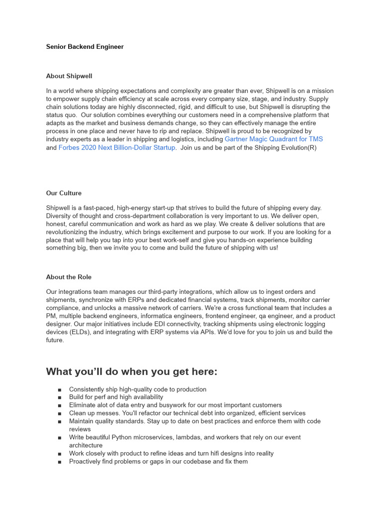 Senior Backend Engineer at Shipwell | PDF