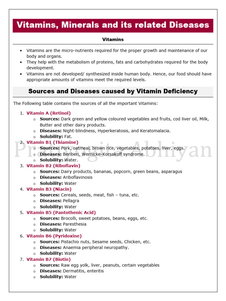 Sources And Diseases Caused By Vitamin And Mineral Deficiency