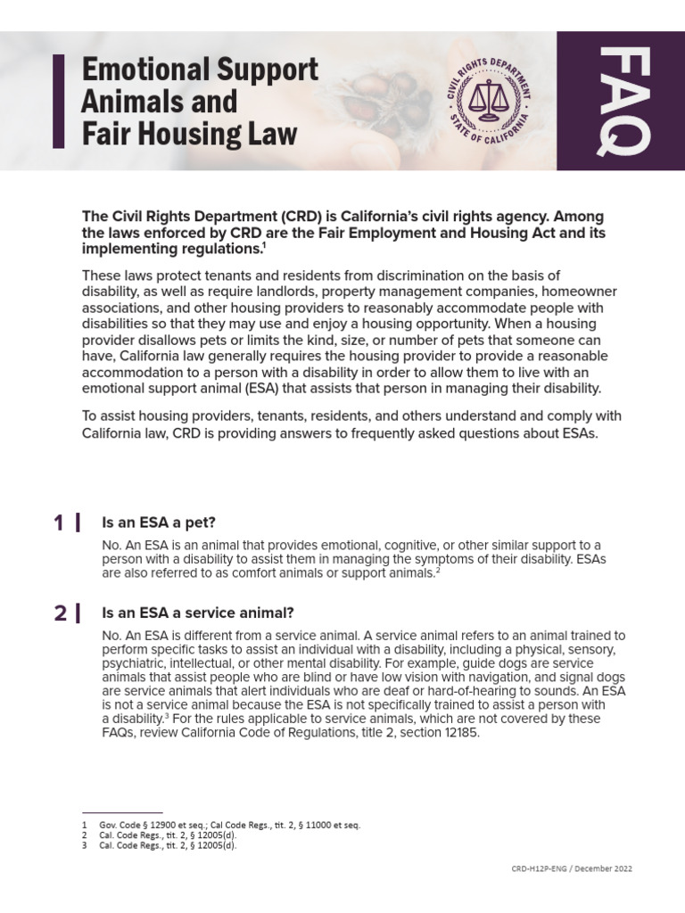 View of Emotional Support Animals and Fair Housing Law FAQ ENG | PDF