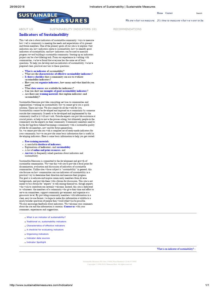 Indicators of Sustainability - Sustainable Measures | PDF ...