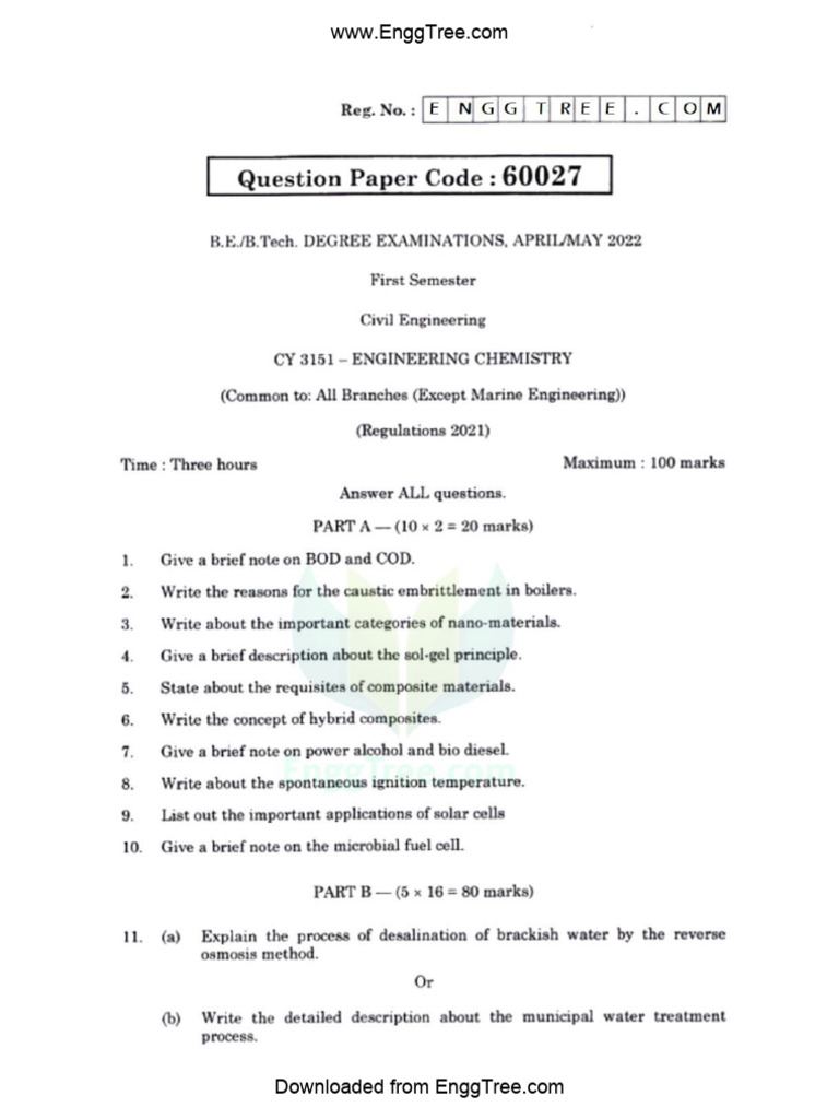 CY3151 Engineering Chemistry Apr May 2022 Question Paper Download | PDF
