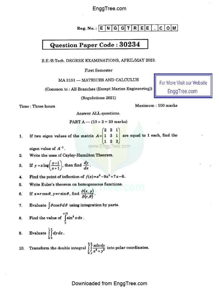 MA3151 Martices and Calculus Apr May 2023 Question Paper Download | PDF