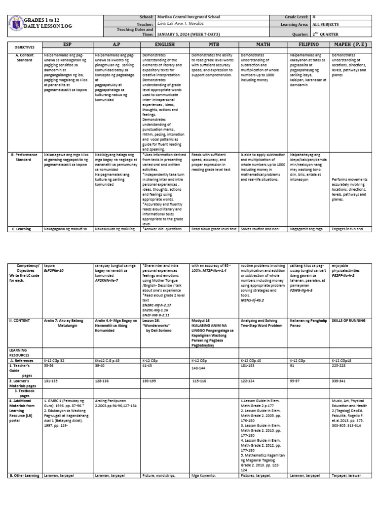 DLL - All Subjects 2 - Q2 - W7 - D3 | PDF