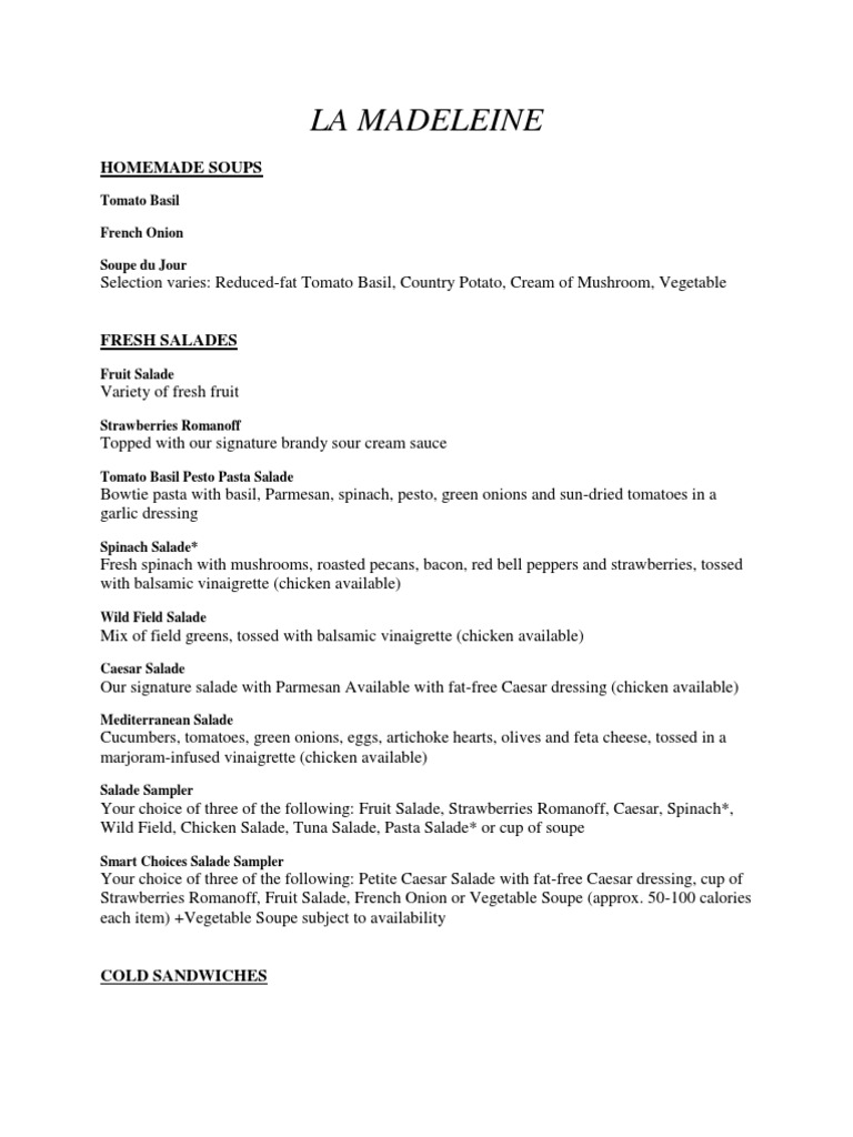 La Madeleine Menu Pesto Salad