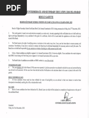 Result Gazette HSSC I 2nd a 2023